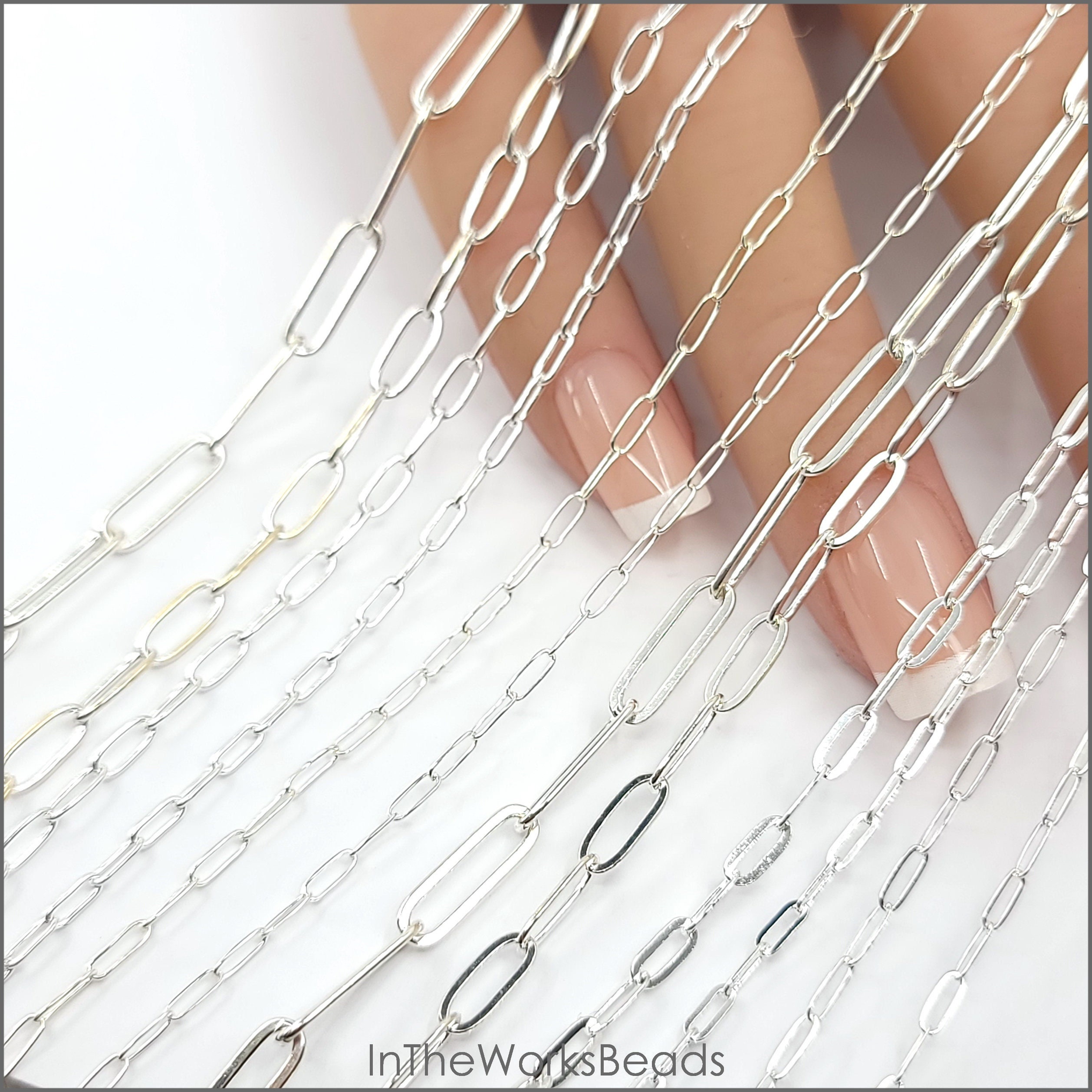 Sterling Silver Paper Clip Chain, Elongated Rectangle Oval Chain, 5 Sizes, Flat or Round WIre, USA, Bulk Savings Available!!!