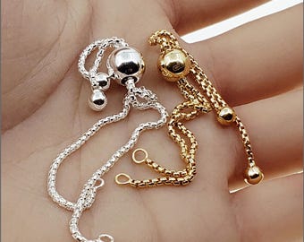 Adjustable Bracelet with Stopper Bead, 7 Inch, 14k Gold Filled or Sterling Silver, Rounded Rolo Chain, Made in Italy, Bulk Savings Available