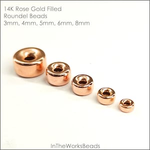 Cuentas redondas rellenas de oro rosa de 14 k de 3 mm, 4 mm, 5 mm, 6 mm y 8 mm. Tamaños surtidos. Ahorro al por mayor en paquetes de 5 o 15. Fabricado en EE. UU.
