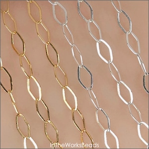 May include: Close-up of several delicate chain necklaces in gold and silver tones. The chains feature an elongated oval link design. The image is well-lit, showcasing the metallic sheen of the jewelry. The chains are displayed against a neutral background.