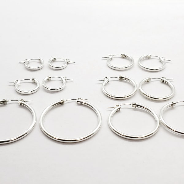 Sterling Silver Euro Wire Tube Hoops with Thicker Latch, 2.3mm Thick, 1 Pair, Multiple Sizes, 13mm up to 45mm, USA