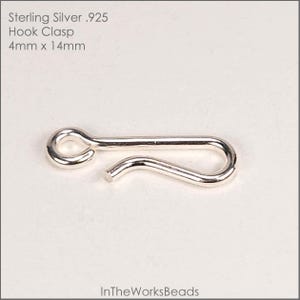 May include: A sterling silver .925 hook clasp. The clasp is 4mm x 14mm. The hook clasp is a shiny, silver color. The text "Sterling Silver .925 Hook Clasp 4mm x 14mm" is in the upper left corner.