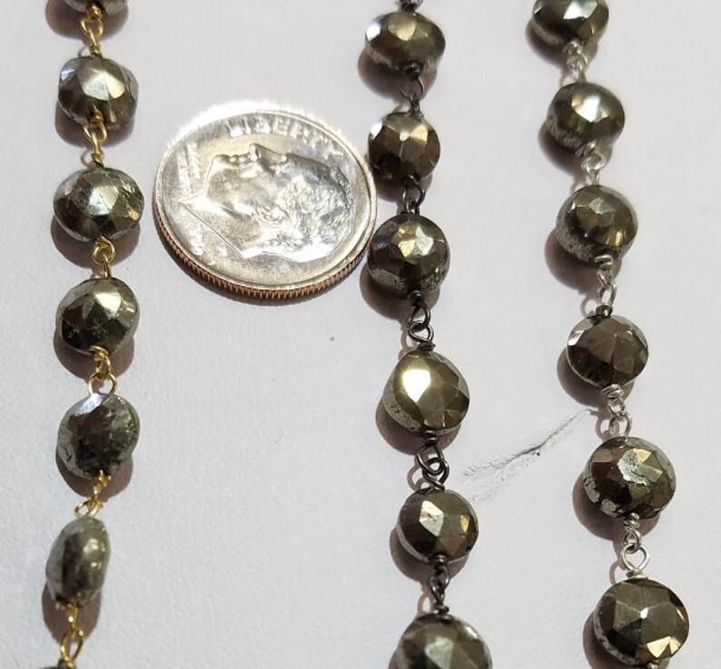 Sterling Silver Pyrite Wire Wrapped Chain, 5mm to 7mm Pyrite Coin Facet, 1, 5, 10 Feet image 2