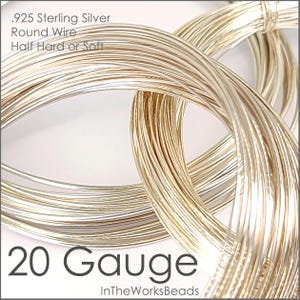 May include: A close-up of a coil of 20 gauge sterling silver round wire. The wire is shiny and has a slight golden hue. The text "925 Sterling Silver Round Wire Half Hard or Soft!" and "20 Gauge" is visible in the image. The text "InTheWorksBeads" is also visible in the image.
