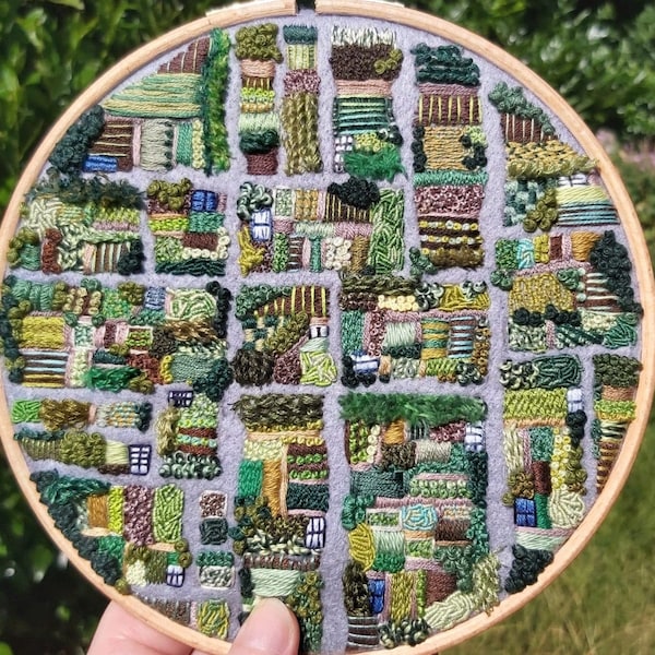 Schrebergarten-Vogelansicht-Stickmuster: Gartendesign (PDF-Muster)