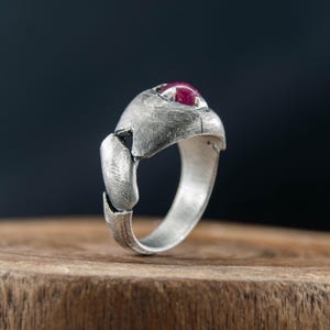 Raw Ruby Sterling Silver Ring, Handmade Broken Style Statement Ring