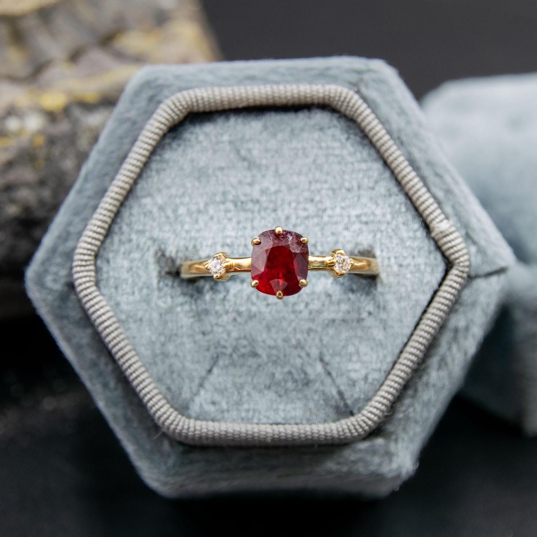 18K Gold Ring With Spinel & Diamonds, Solitaire Ring, Classic Gold Ring, Engagement Diamond Ring, Fine Jewelry for her, Delicate Gold Ring