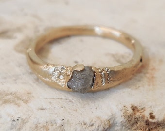 14K Gold Raw Diamond Ring, Sandcasting Texture, Unique Engagement Ring