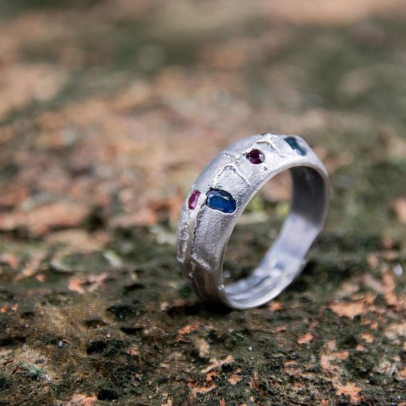Wide Ring in Sterling Silver, Sand Casting Ring With Sapphire and