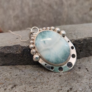 Larimar Gemstone Setted in Sterling Silver, Decorated with Dolphins, Sterling Silver Pendant, Healing Larimar Stone