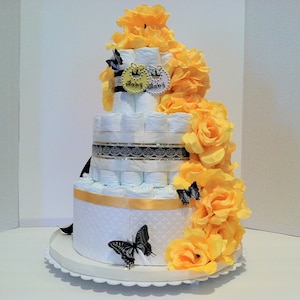 Beautiful Yellow and Black Trim Diaper Cake For A Boy Or Girl, Table Top Centerpiece, Table Top Decoration, Baby Shower Gift