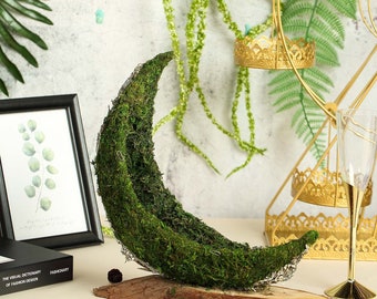 13" Crescent Half Moon Fall Decor Preserved Natural Moss Centerpiece With Wooden Slab, Table Top Centerpiece Decor, Inside Gardening