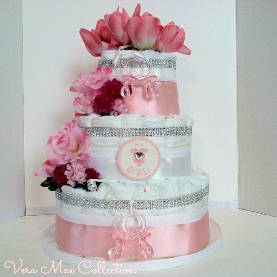 Beautiful Pink and White Diaper Cake for A Baby Girl, Table Top ...