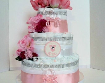 Beautiful Pink And White Diaper Cake For A Baby Girl, Table Top Centerpiece, Table Decoration, Baby Shower Gift