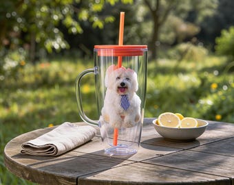 May include: A clear plastic tumbler with an orange lid and straw, featuring a small white dog wearing a blue striped tie. Beside it, a bowl of lemon slices and a folded beige napkin rest on a wooden table.