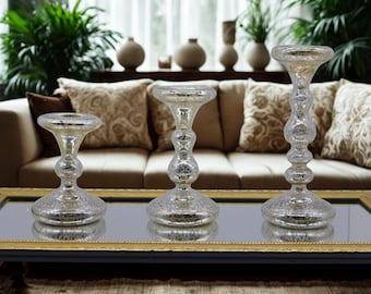 Three-Piece Gold Mercury Glass Candle Holder Set