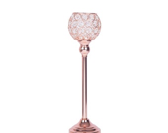 16" Tall Rose Gold Sleek Pillar Crystal Votive Tealight Candle Holder, Wedding Centerpiece For Table, Centerpiece Table Top Home Decor