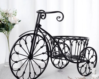 Black Tricycle Flower Plant Stand, Indoor Outdoor Decorative Metal Planter Basket - 13"H x 22"L