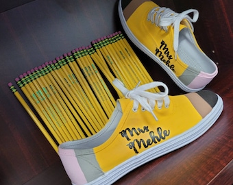 Pencil Sneakers Hand Painted / Teacher Appreciation / Custom Shoes / School Pencil