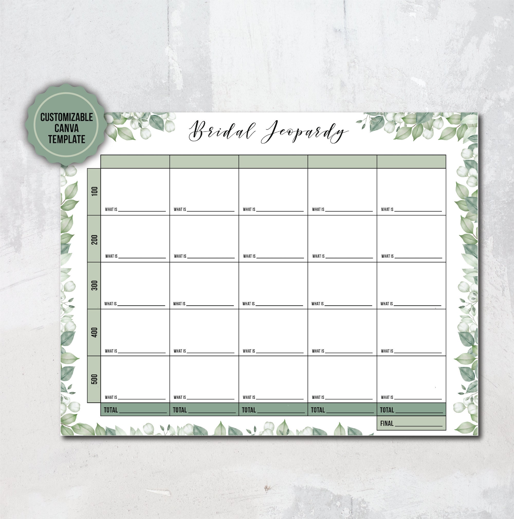 Customizable Canva Bridal Shower Jeopardy Template | Canva Templates | Bridal Shower Games | Bachelorette Party Games