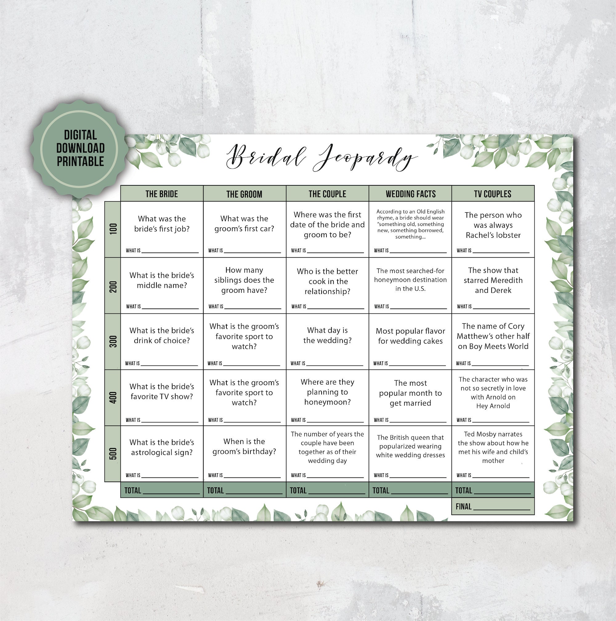 Bridal Jeopardy Game Printable Template Digital Print Bridal Jeopardy Bridal Jeopardy Game Printable Template Digital Print Bridal Jeopardy