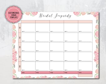 Pink Customizable Canva Bridal Shower Jeopardy Template | Canva Templates | Bridal Shower Games | Bachelorette Party Games