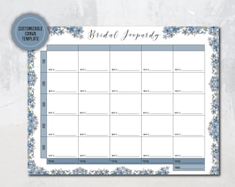 Blue Customizable Canva Bridal Shower Jeopardy Template | Canva Templates | Bridal Shower Games | Bachelorette Party Games