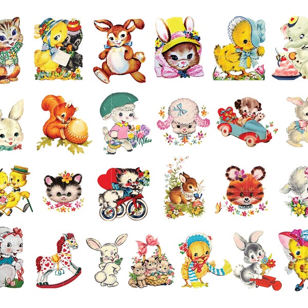 26 Cute Animals Vintage PNG Cliparts, Instant Download, Commercial Use