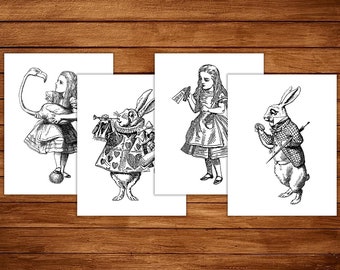 4 Printable Alice in Wonderland Coloring Pages, Instant Download, Vintage Art