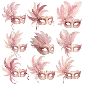 Ensemble de 9 cliparts masque de carnaval rose, images imprimables, téléchargement immédiat, usage commercial