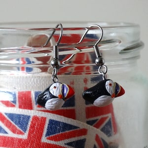 By the Shed Puffin Bird DROP Earrings Dangle, Hanging Hook Black White Seaside Sea Birds, Bird Watching, Wildlife, Clip on, Screw Back image 2