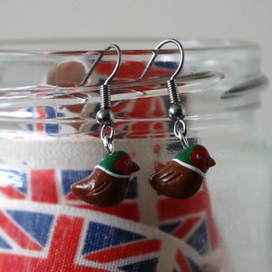 By the Shed Pheasant Game Bird Drop Earrings - Dangle - Green Brown - Countryside, Shooter Gift , Game Shoot Shooting, Screw Back, Clip On