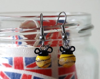 By the Shed Bee DROP Earrings - Dangle, Hanging Hook - Yellow, Black - Insect, Gardening, Vegetables, Garden Gift, Screw Back, Clip On