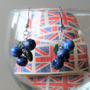 By the Shed Blueberry Charm Drop Earrings - Dangle, Hanging Hook - Blue - Fruit, Vegetables, Bilberry, Vegetarian Gift, Screw Back, Clip On