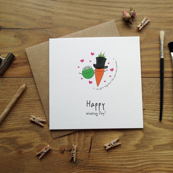By the Shed - Happy Wedding Day Peas and Carrots Card - We Go Together Like - Wedding Wife Husband, Love, Blank, Heart, Gift, Happy Couple