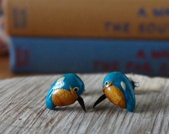 By the Shed Kingfisher Bird Earrings - Garden Bird - Gardening - Blue Turquoise Gold - Twitcher - The Good Life - Countryside - Bird watcher