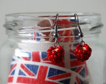 By the Shed Raspberry DROP Earrings - Dangle, Hanging Hook - Red - Fruit, Vegetables, Berries, Vegetarian, Gardener - Screw Back, Clip On