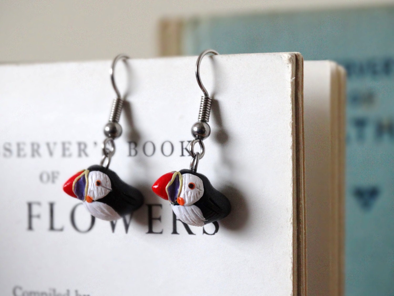 By the Shed Puffin Bird DROP Earrings - Dangle, Hanging Hook - Black …