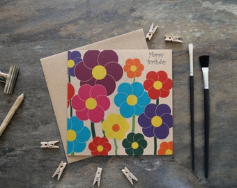 By the Shed - Birthday Greetings Card - Square Floral Design - Gardener, Flower - Pop Art, 1960s Retro - Gardening, Florist, Flower Power