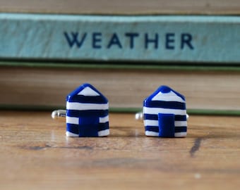 By the Shed Beach Hut Cufflinks - Blue White - Seaside Sea, Beach, Wildlife, Silver Plated, Coastline, British Holidays, Coast - Shirt