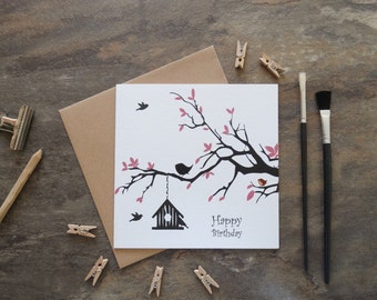 By the Shed - Birthday Greetings Card - Pink Tree, Birds - Gardener, Flower - Bird watcher, Gardening, Gardener - Wren, Blackbird - Feminine