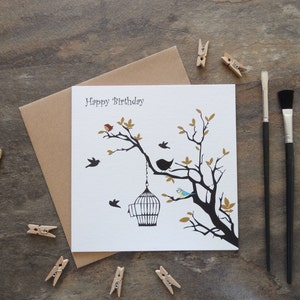 Por el vertiente - cumpleaños tarjeta - árbol de oro, aves - jardinero, flor - observador de aves, jardinería, jardinero - Carbonero común, Mirlo