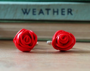 By the Shed Red Rose Cufflinks - Flowers, Gardening, Gift - Flower, Love, Anniversary, SilverPlated, Shirt Cuff - Wedding, Florist, Floral