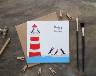 By the Shed - Birthday Greetings Card - Lighthouse, Puffins, Coast, Beach, Seaside, Sea, Shore, Sand, Birds, Seagull,