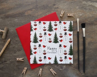 Par le hangar - carte de Noël - Christmas Melody - carte de Noël, Seasons Greetings, festif, Robin, Holly, sapin, Pudding de Noël, bonhomme de neige