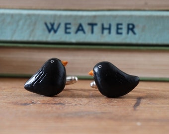 By the Shed Blackbird Cufflinks - Silver Plated - Garden Birds - Allotment - Gardening - Bird Watching - Unique Gift - Black - Sparrow