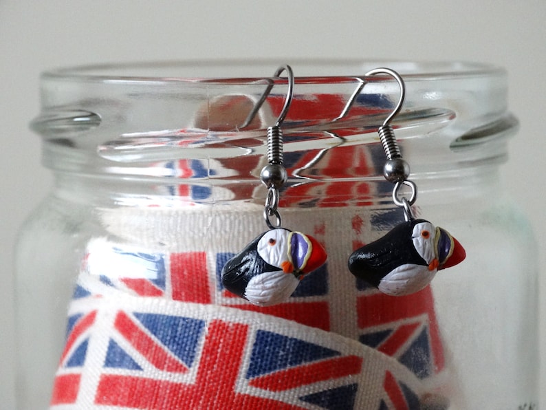 By the Shed Puffin Bird DROP Earrings Dangle, Hanging Hook Black White Seaside Sea Birds, Bird Watching, Wildlife, Clip on, Screw Back image 2