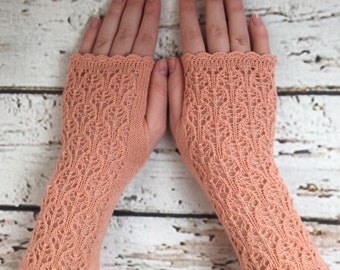 Stunning 100% Pure cashmere lace fingerless gloves. Col. Salmon Pink