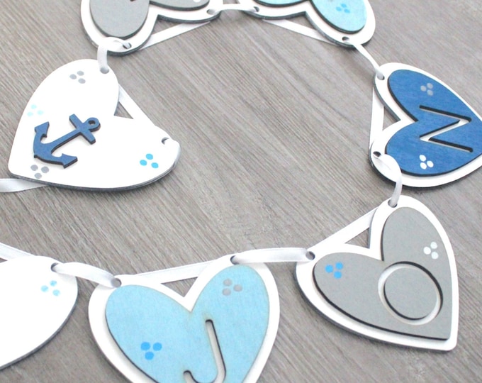 Pennant chain name, wooden pennant, pennant chain made of wood, baptism gift boy, pennant chain hearts