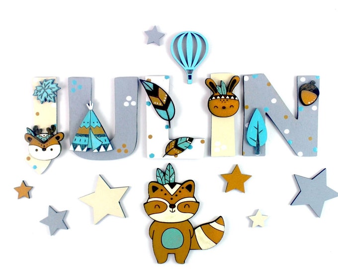 Wooden letters animals, wooden letters children's room door, name plate with animals, door plate name, wooden letters boho, door plate animals